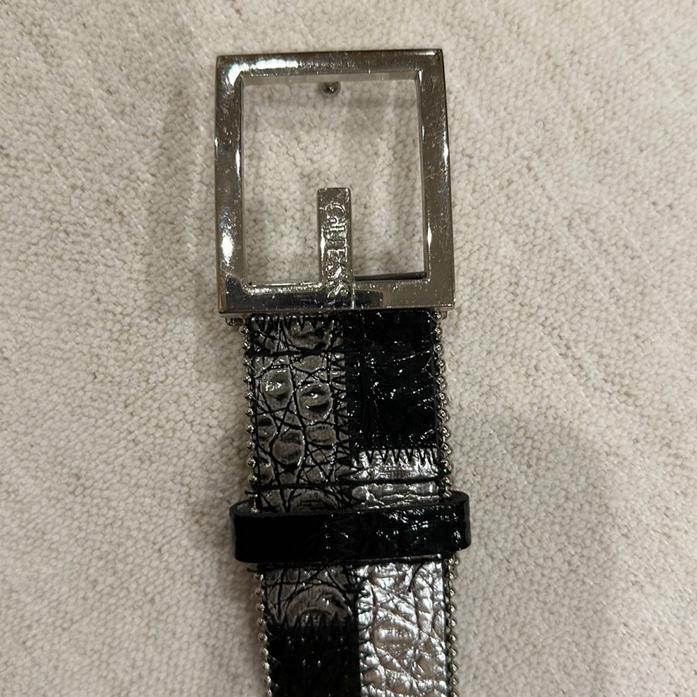 Guess silver black and gray patched leather silver and bedazzled studded belt